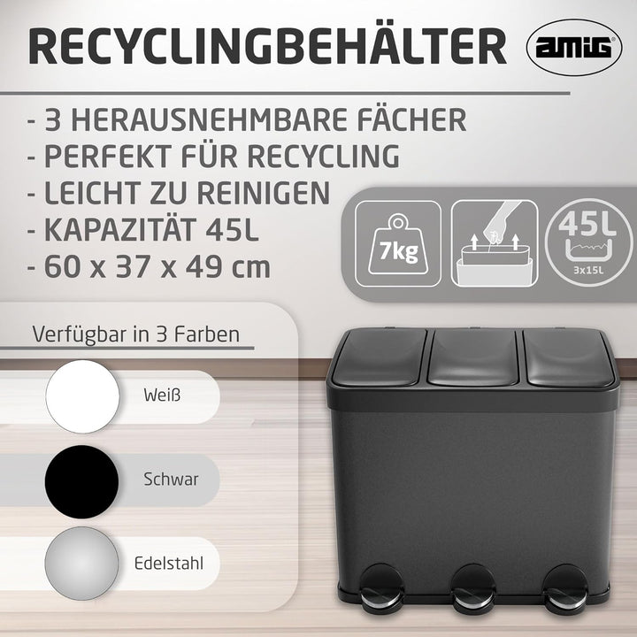 Amig - Dreifacher Mülleimer mit Pedalen 45 Liter | 3 herausnehmbare 15-Liter-Fächer | Recyclingbehäl