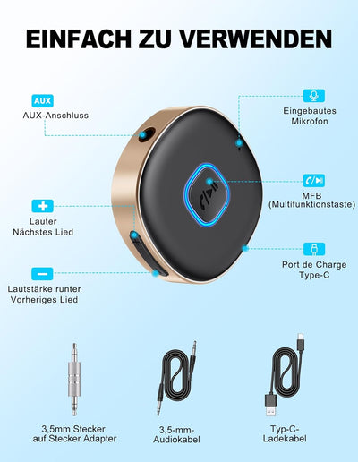 Mohard AUX Bluetooth Adapter Auto, Drahtloser KFZ Bluetooth 5.3 Empfänger für Heim-Stereo/Kabelgebun