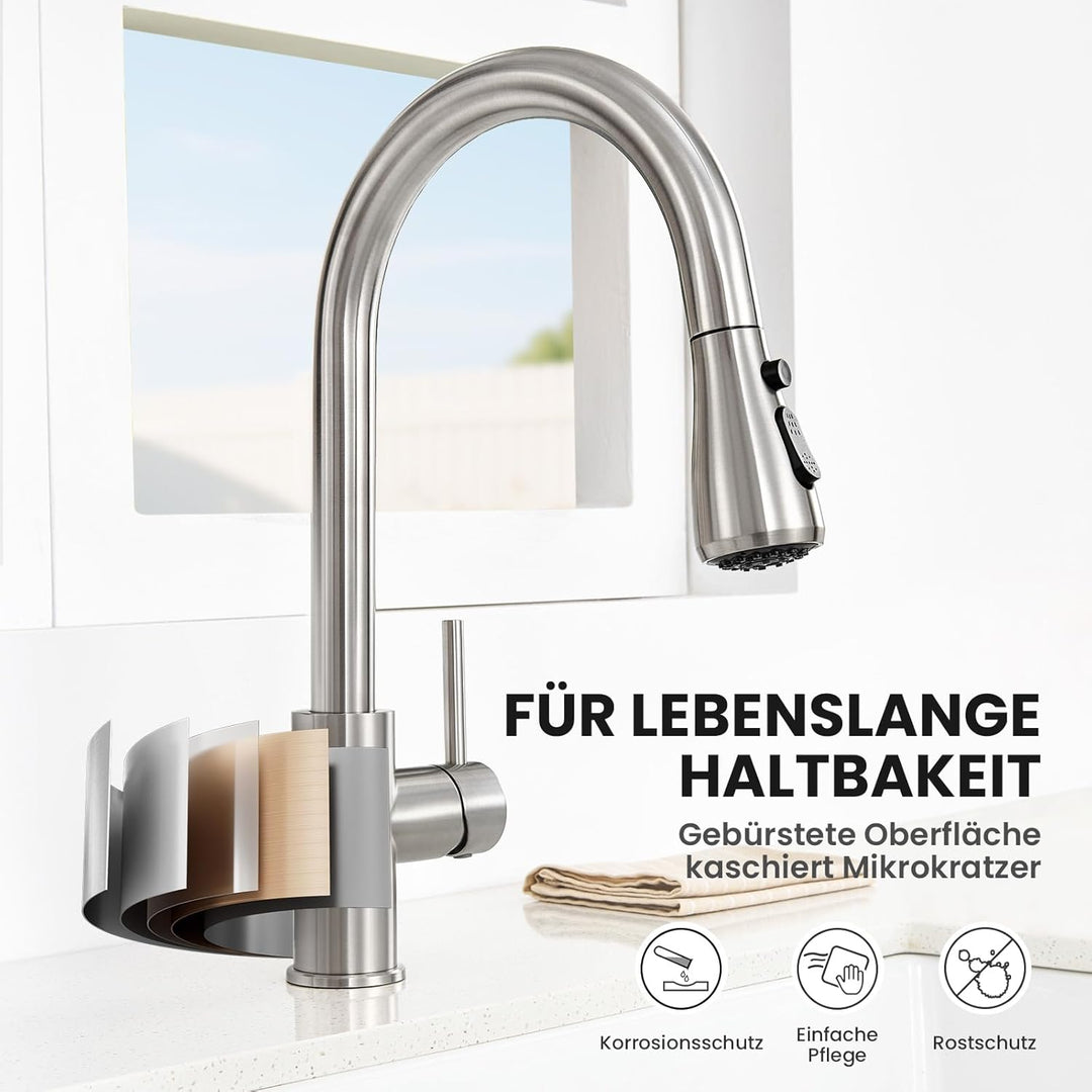 CECIPA Wasserhahn Küche mit 3 Modi, Hochdruck Küchenarmatur mit Brause Ausziehbar, Mischbatterie Küc