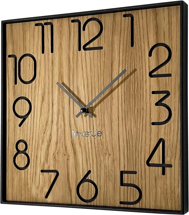 FLEXISTYLE Holzwanduhr Wood Square Holz Eiche 30cm Durchmesser holzoptik ohne tickgeräusche