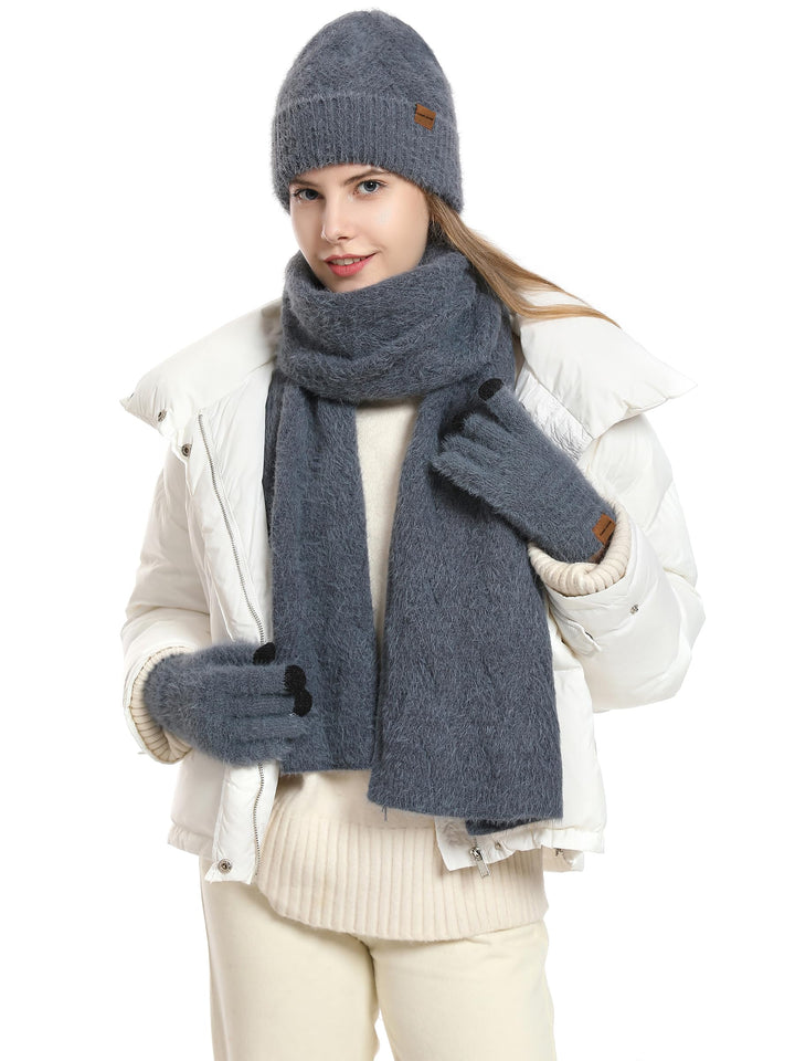 CAMLAKEE Wintermütze Schal Handschuhe Set Damen Strickmütze Handschuh Nackenwärmer Frauen Strickset