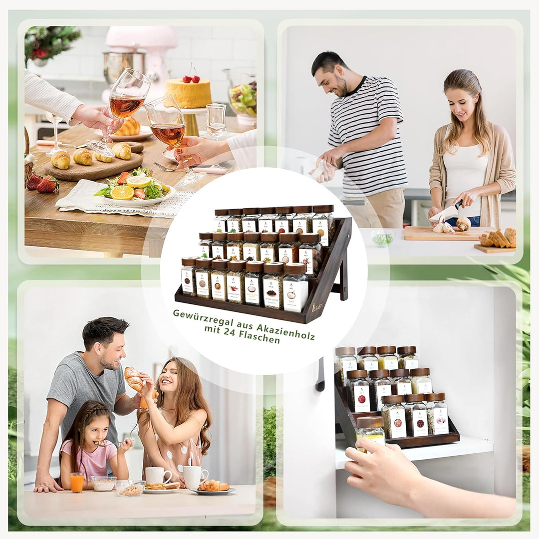 Gewürzregal Schublade mit 2-in-1 Akazien Gewürzregal Holz (FCM®) – 21x120ml Gewürzgläser Eckig, 120
