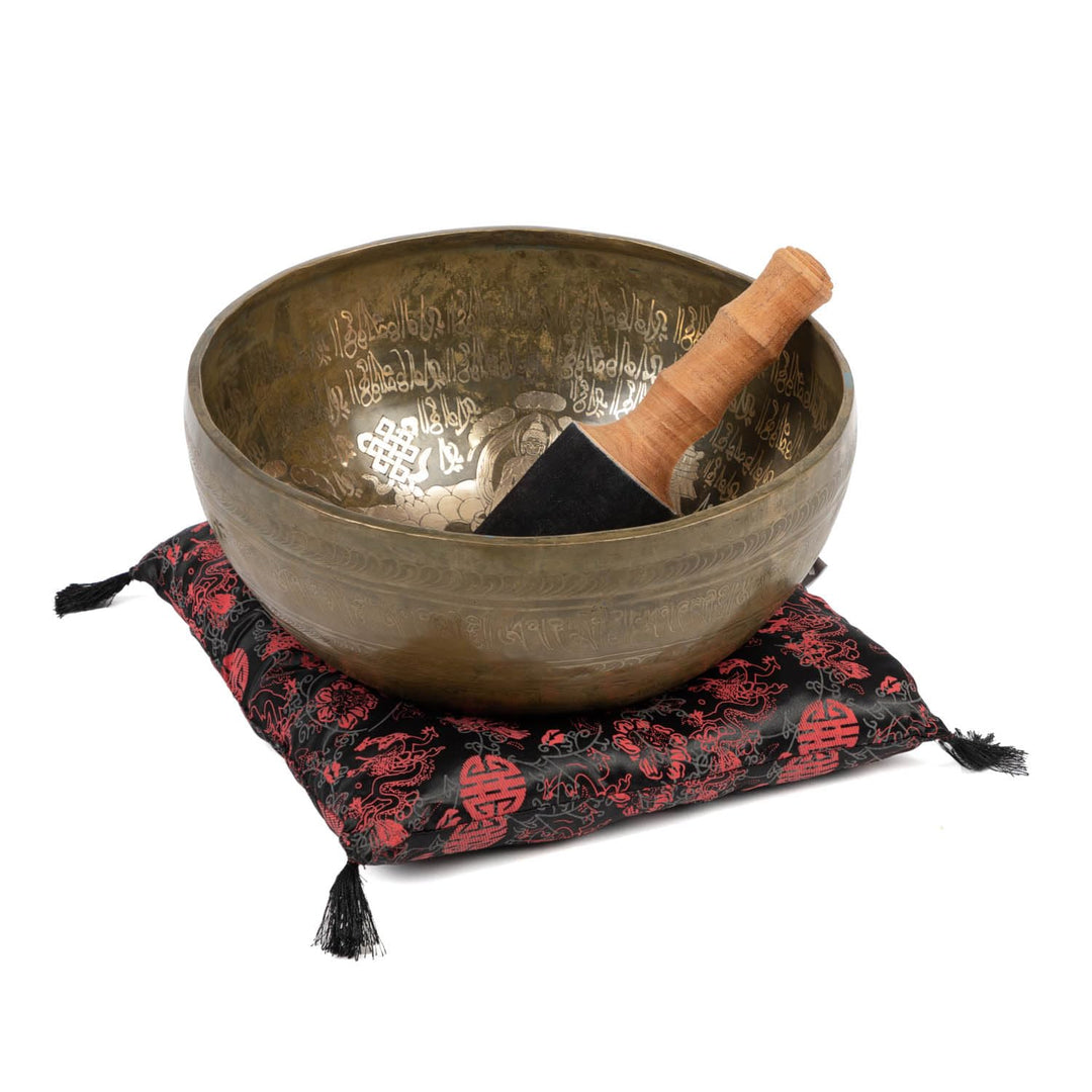 Bodhi Tibetische Klangschale Ø 32 cm | Singing Bowl mit 5 Buddhas Gravur | Handgefertigtes Klangscha