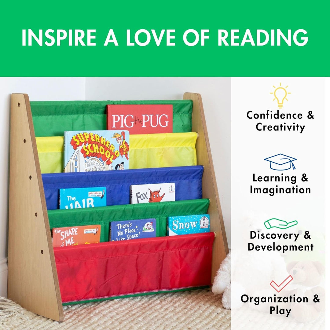 Humble Crew Kinder-Bücherregal aus Holz mit 4 Taschen, Natur- und Mehrfarbig Natural Wood/Primary, N