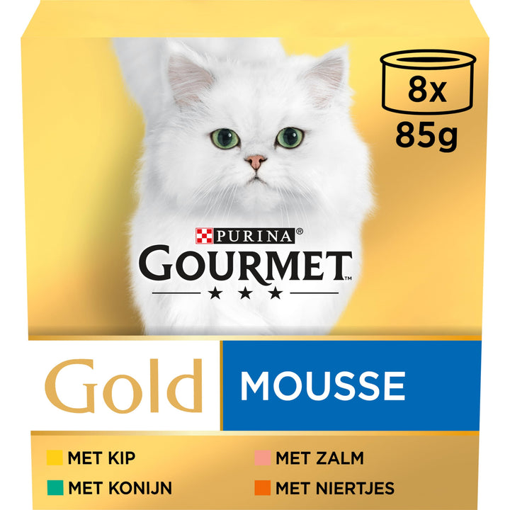 Gourmet Gold Mousse Katzenfutter, Nassfutter mit Huhn, Lachs, Nieren und Kaninchen - 8x85g - 6er Box