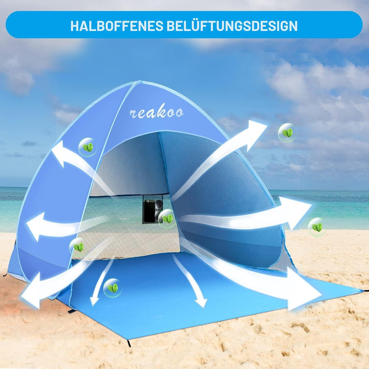 Strandmuschel Pop Up UV Schutz 50+, Tragbar Gross Strand Zelt, Automatisches Strandmuschel, Windschu