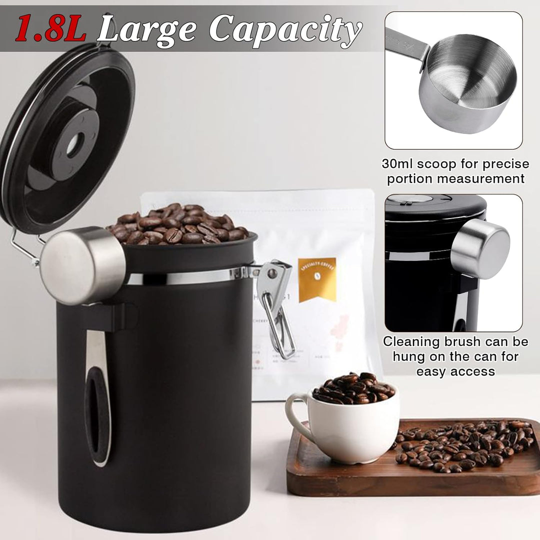 Kaffeedose Luftdicht aus Edelstahl 1,8L, Kaffee Dose Behälter mit Löffel，Bürste und Zeiterfassung Sp