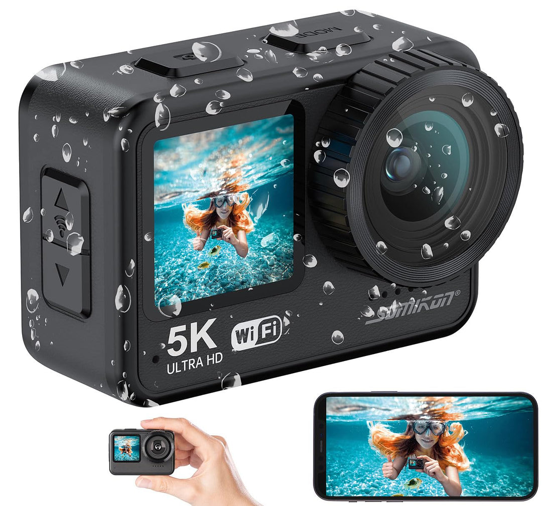 Somikon Unterwasserkamera: Mini-Actioncam mit 5K-Auflösung, wasserdicht bis 21 m, 2 Displays, EIS (M