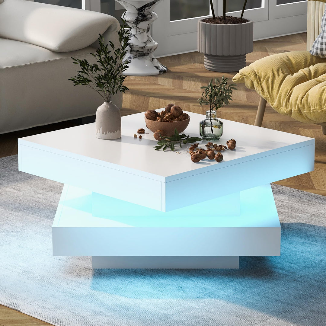 Merax Couchtisch Weiss Hochglanz quadratischer, Moderner Wohnzimmertisch mit drehbarer Platte, Beist