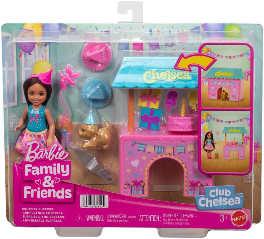 Barbie Familie und Freunde Club Chelsea Überraschungs-Geburtstagsparty Spielset mit Kleiner Chelsea-