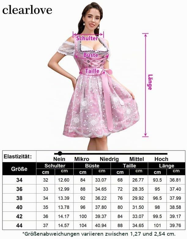 Clearlove Dirndl Damen Midi Trachtenkleid 3tlg mit Schürze und Bluse Trachtenmode Kleid für Oktoberf