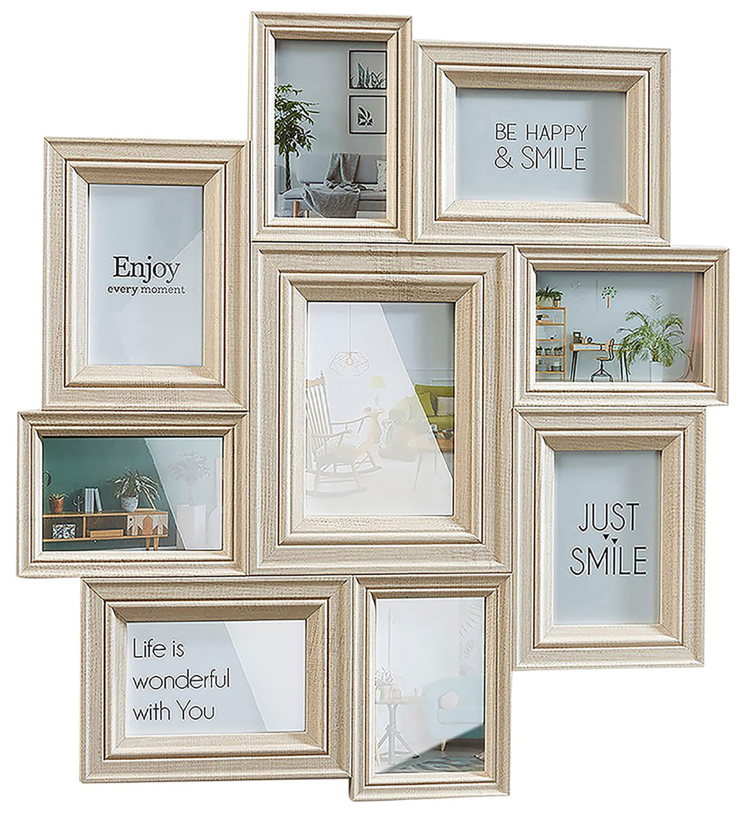 Kobolo Bilderrahmen Bilderhalter Collage BEIGE für 9 Bilder aus Holz in beige 10x15cm und 13x18cm, b