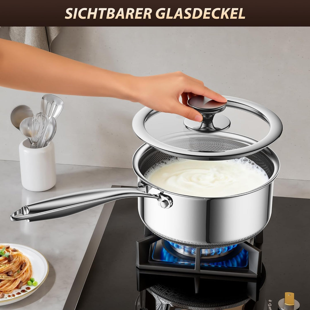 Kochtopf mit Deckel Hybrid 16cm/1.1L, Stielkasserolle Induktion Antihaft, Kühl bleibender Griff, Spü