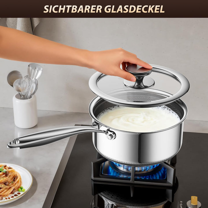 Kochtopf mit Deckel Hybrid 16cm/1.1L, Stielkasserolle Induktion Antihaft, Kühl bleibender Griff, Spü