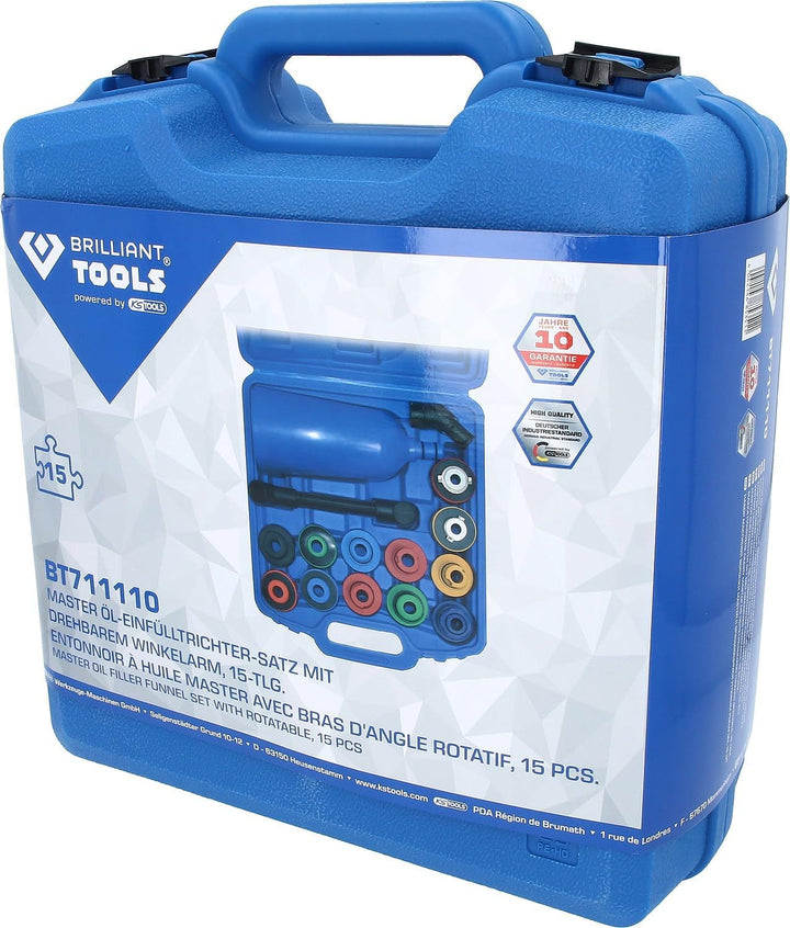 BRILLIANT TOOLS BT711110 MASTER Öl-Einfülltrichter-Satz mit drehbarem Winkelarm, 15-tlg. [Powered by