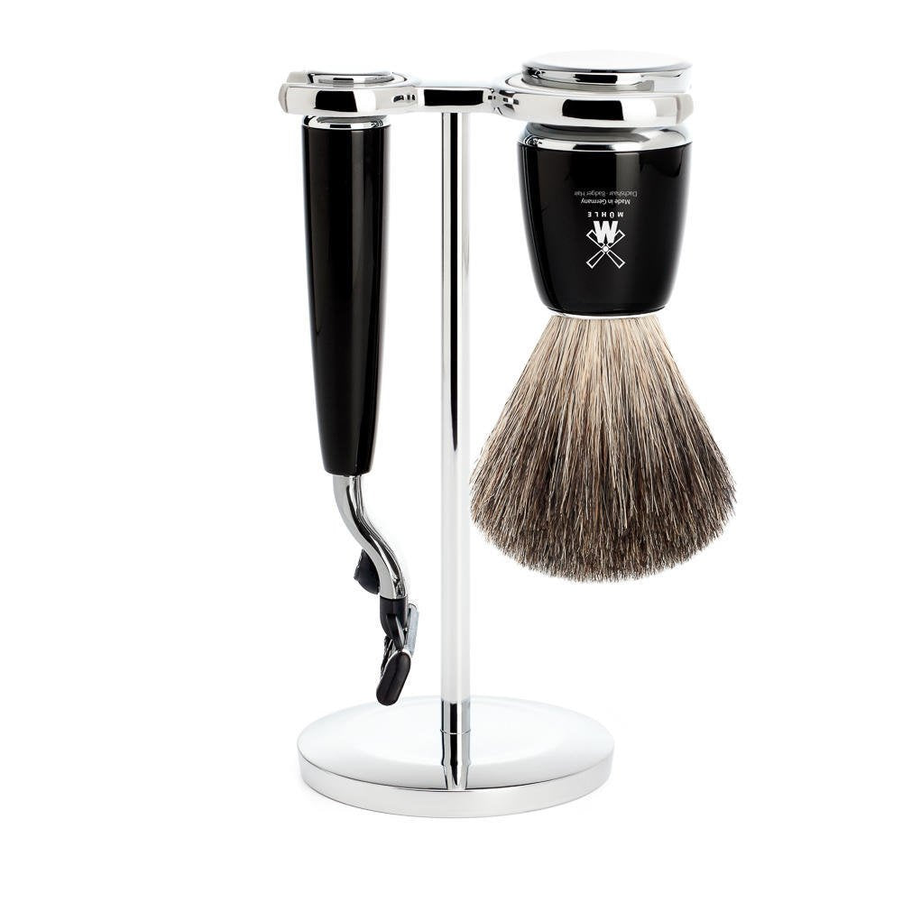 MÜHLE Rasierset - Rytmo Serie - Reines Dachshaar - kompatibel mit Gillette-Klingen - Edelharz schwar