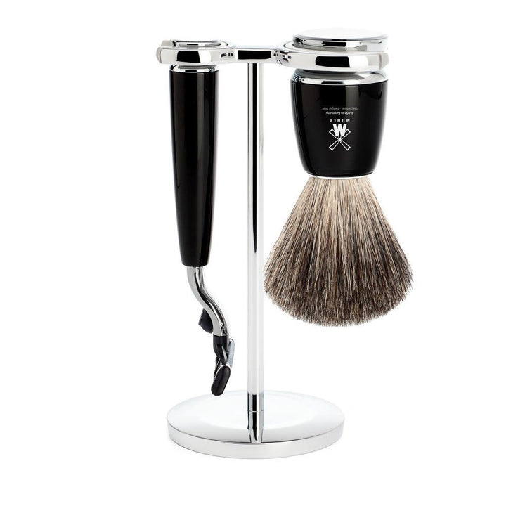 MÜHLE Rasierset - Rytmo Serie - Reines Dachshaar - kompatibel mit Gillette-Klingen - Edelharz schwar