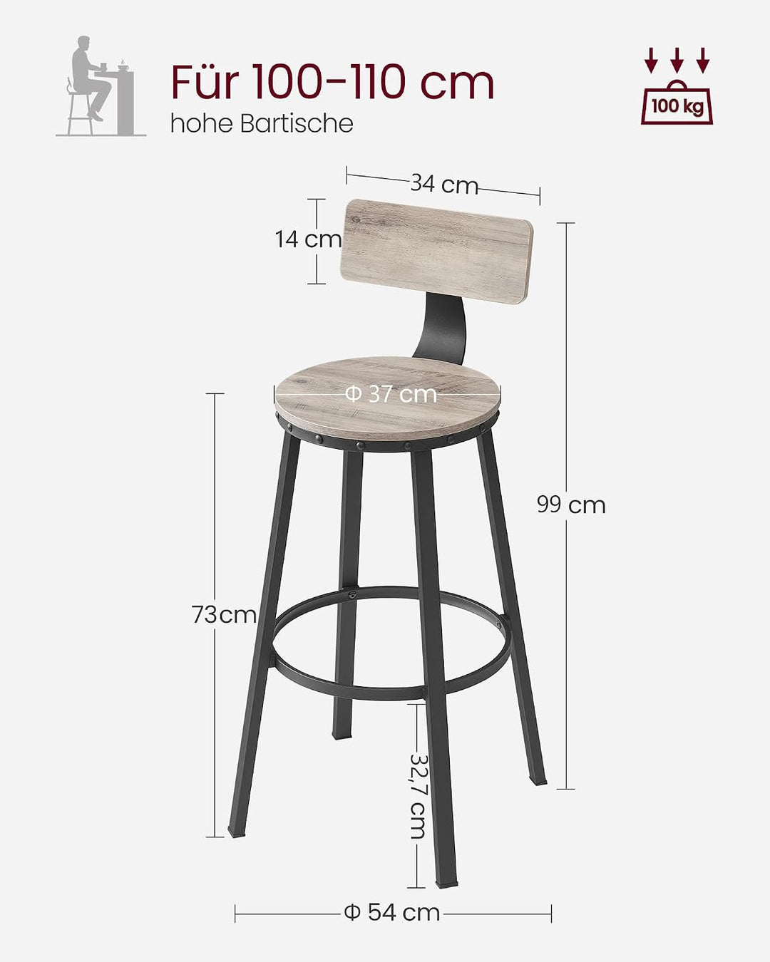 VASAGLE Barhocker, 4er Set, Barstuhl, Küchenstuhl mit Metallgestell, Sitzhöhe 73,5 cm, einfache Mont