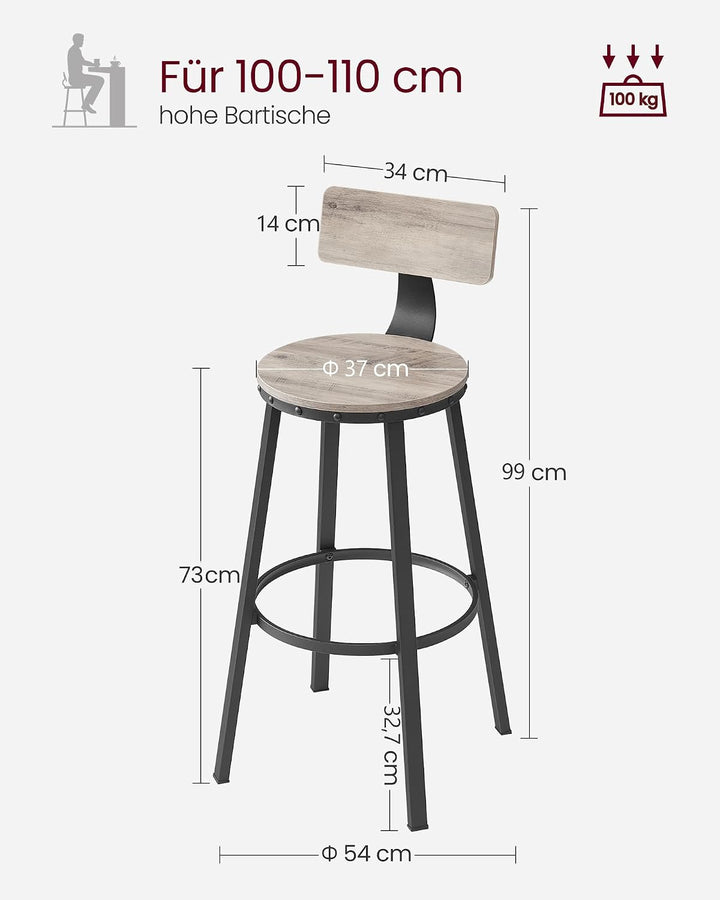 VASAGLE Barhocker, 4er Set, Barstuhl, Küchenstuhl mit Metallgestell, Sitzhöhe 73,5 cm, einfache Mont