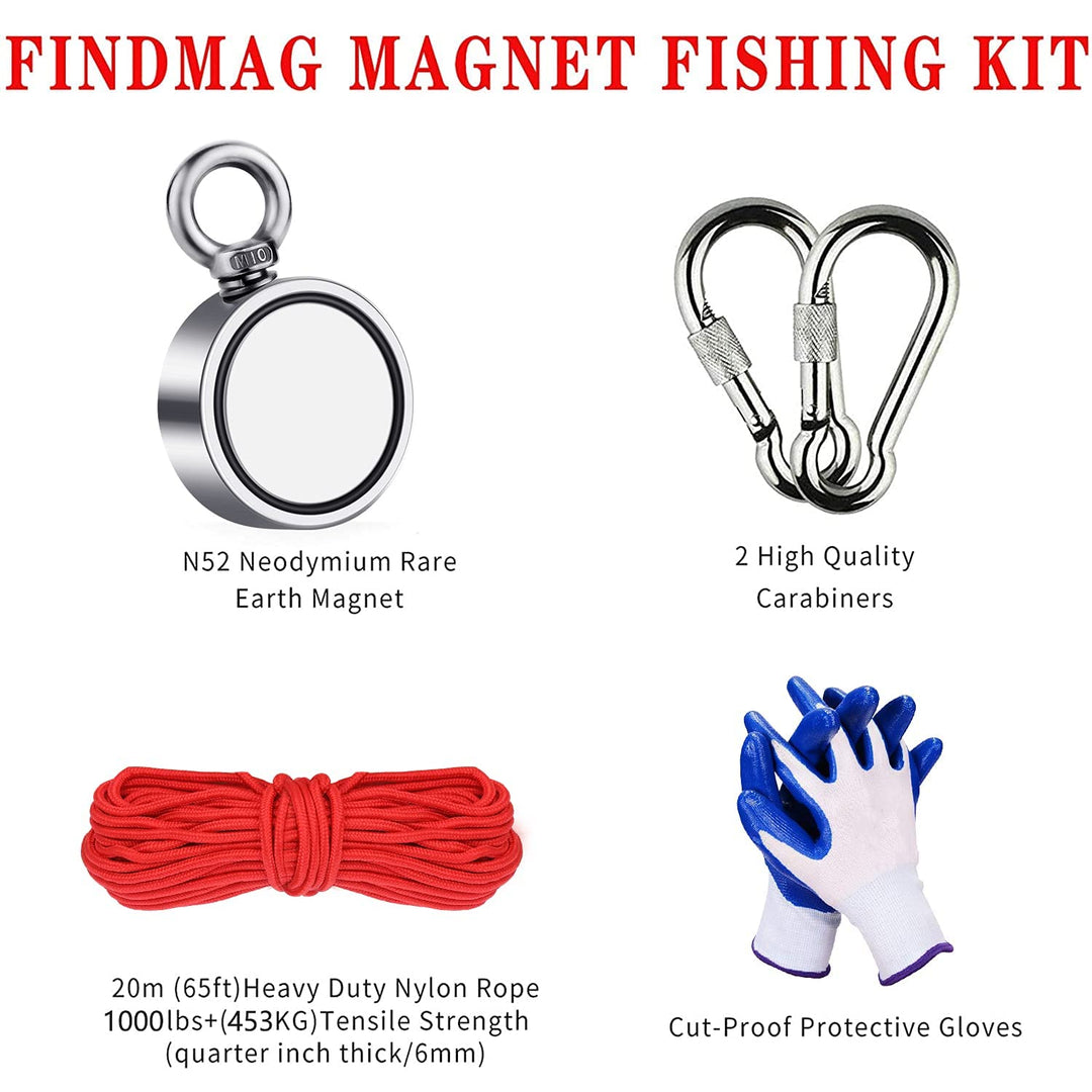 FINDMAG 1000 lbs Zugkraft Magnetfischen, Doppelseitiger Neodym Magnetangeln, Seltenerdmagnete mit 20