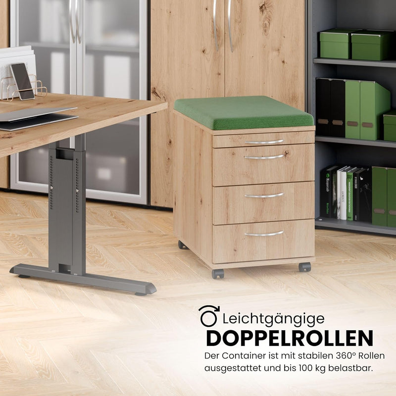 bümö Basic Rollcontainer mit Schubladen, Container aus Holz in Asteiche - Rollwagen für&