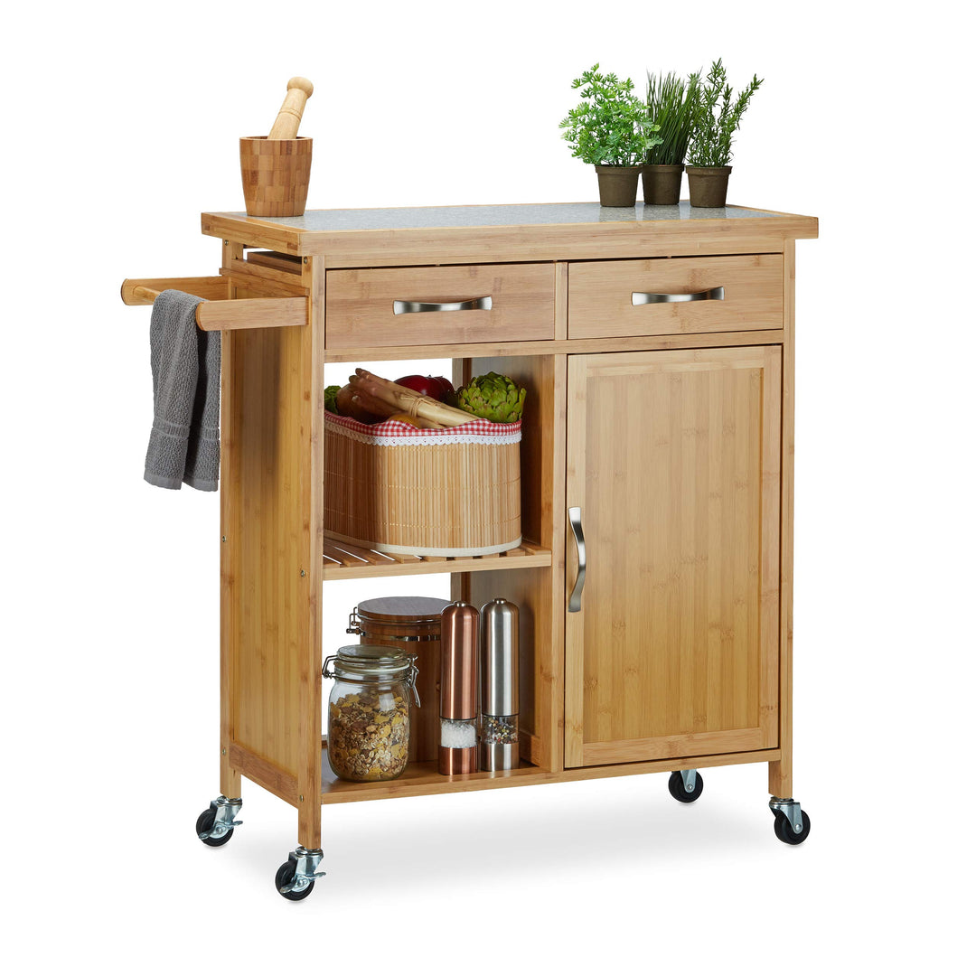 Relaxdays Küchenwagen Holz, Bambus, 4 Rollen, Arbeitsplatte aus Marmor, mit Schubladen, HBT: 85,5 x