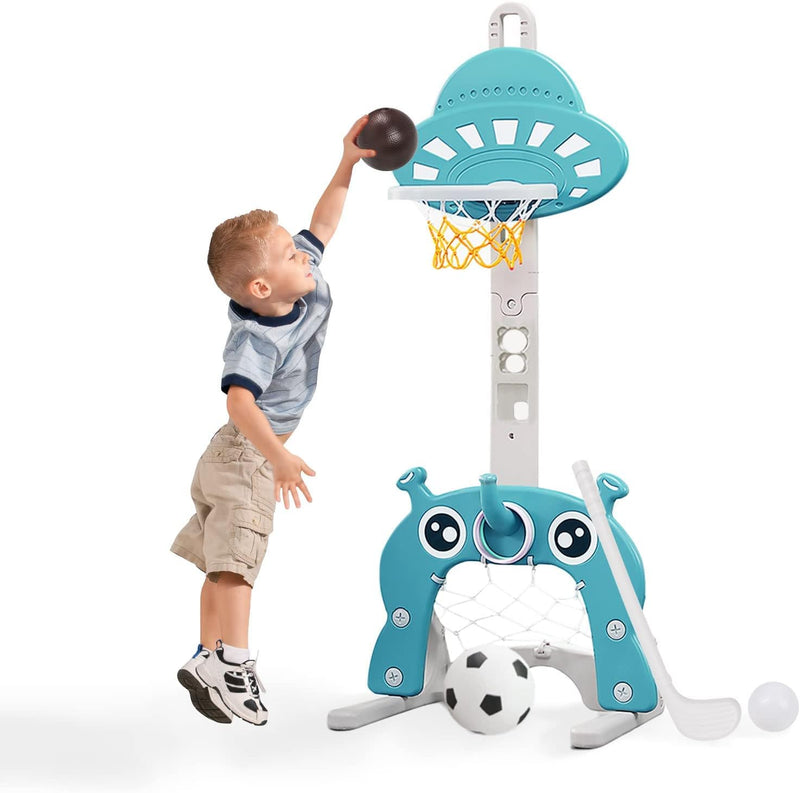 Kinder Basketballkorb Set |4 in 1 höhenverstellbarer Basketballständer & Fussballtor Golfspiel Ringw