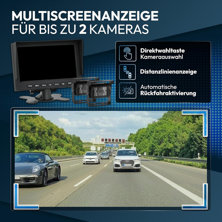 VSG24 Rückfahrkamera Set für Wohnmobile &amp; Camper mit 2 Kameras und 7 Zoll Monitor – kabelgebunden, w