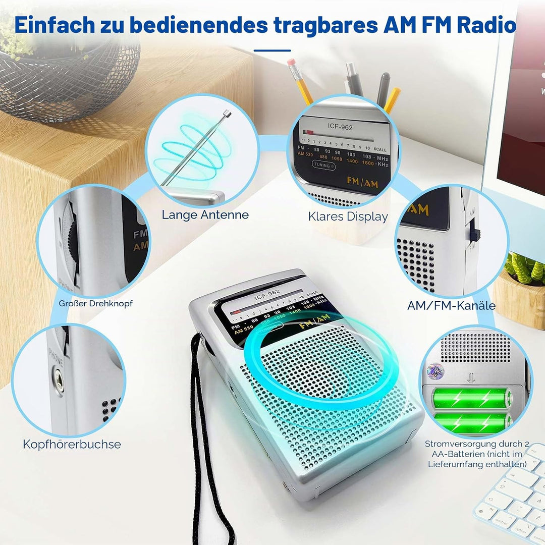 Tragbares FM-Radio, kleines Radio mit analoger Kopfhörer-Tuner, Transistor-Taschenradio mit Handschl