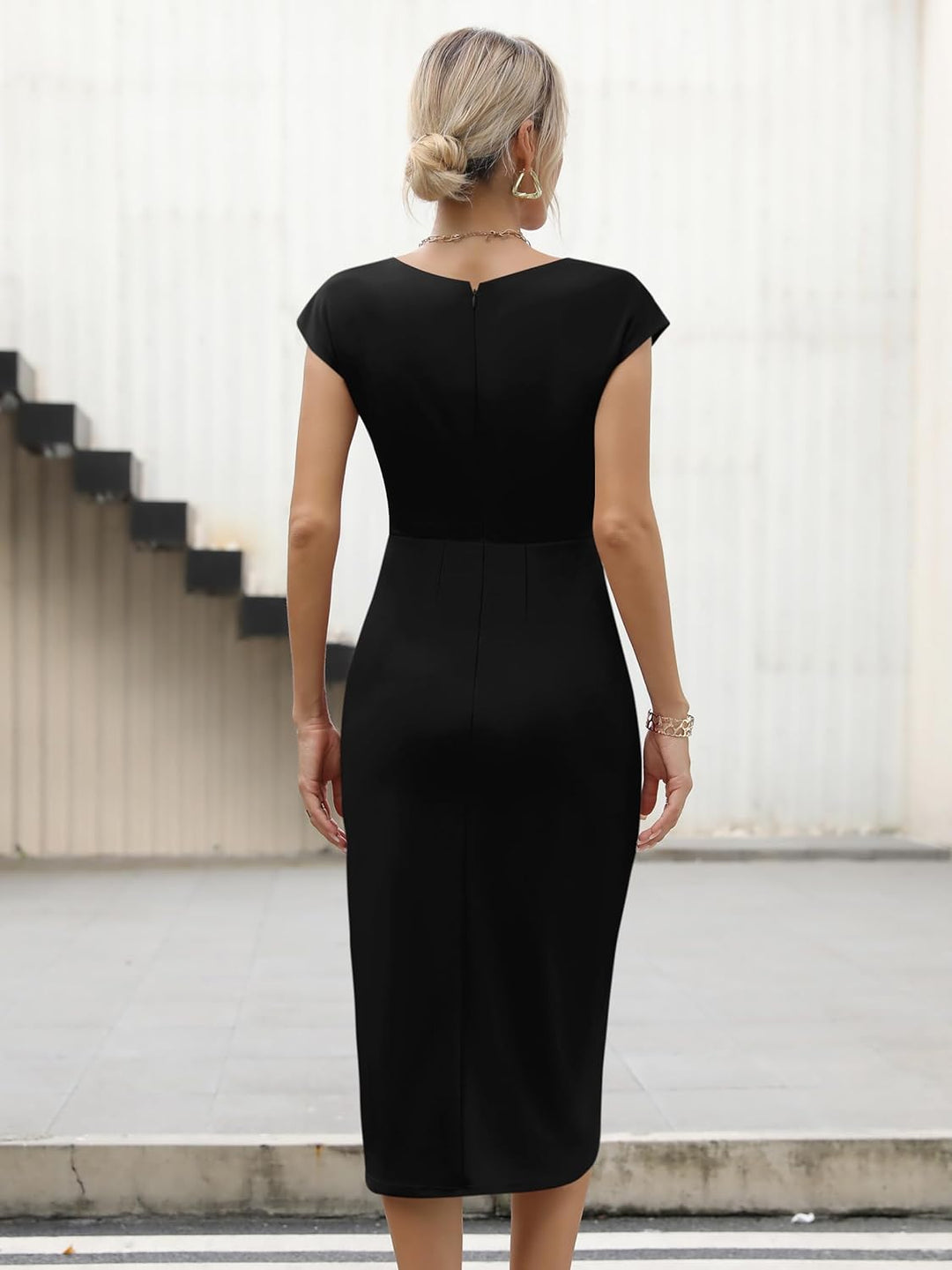 Missufe Damen Cocktailkleid Wickelkleid Partykleid Midikleid Elegant Bodycon Figurbetontes Sommerkle
