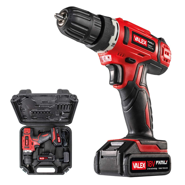 Valex 1429387 Akku-Bohrschrauber 18 V FAMILY-TECH 218 im Koffer, 0-650 U/min, 2 Batterien enthalten,