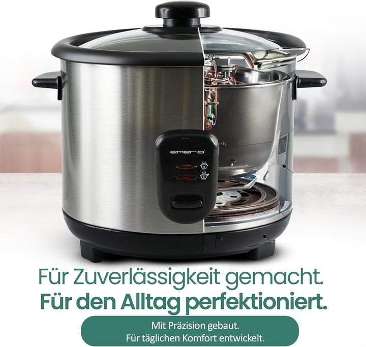 Emerio automatischer Eco Reiskocher, BPA frei, mit 1.5L Volumen, Warmhaltefunktion, Auto Off, Antiha