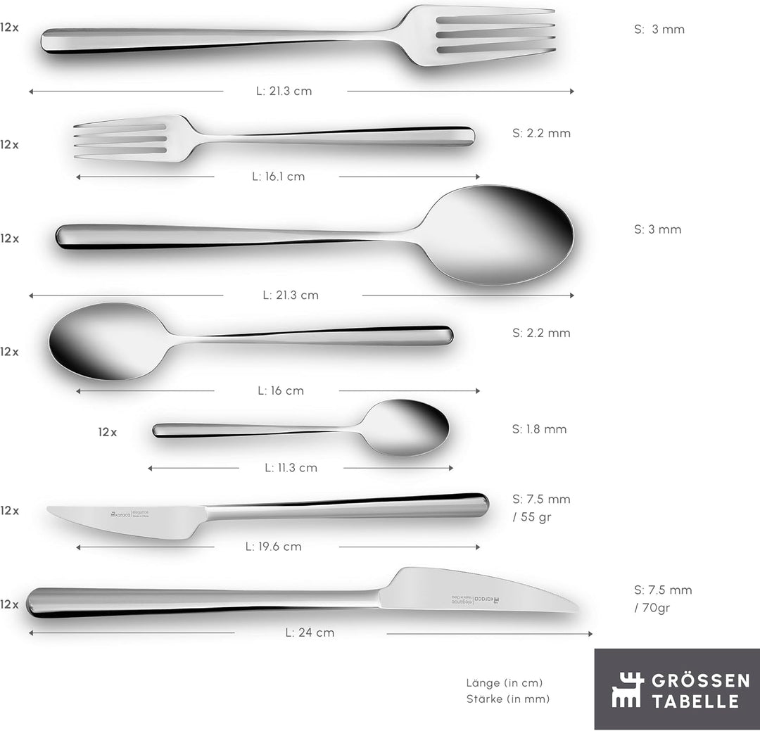 Karaca Boreas 84-tlg 18/10 Edelstahl Besteck Set für 12 Personen Modern, Silber Luxe Messer, Gabeln