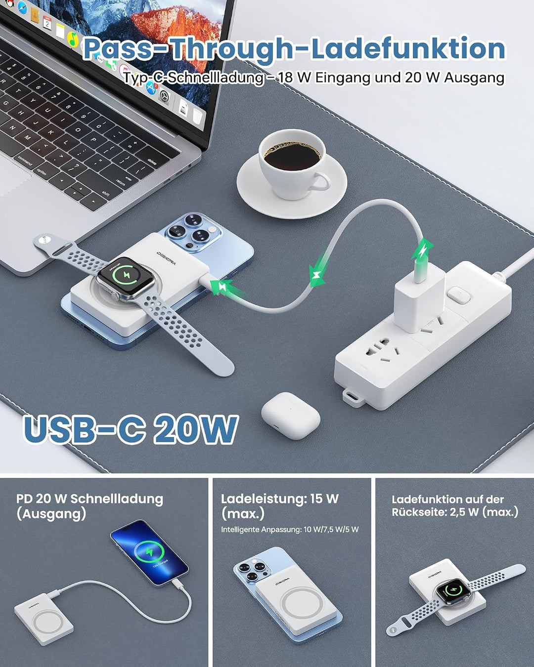 DIGIERA Dual Magnetic Power Bank, 5000 mAh magnetisches tragbares Ladegerät, DGPB301 PD 15 W kabello