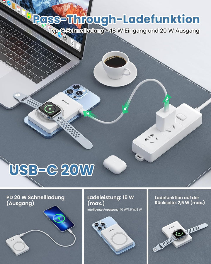DIGIERA Dual Magnetic Power Bank, 5000 mAh magnetisches tragbares Ladegerät, DGPB301 PD 15 W kabello
