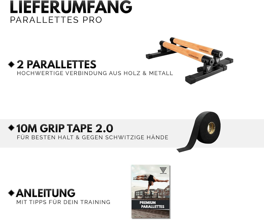 GORNATION Parallettes, inkl. Grip Tape, Calisthenics Equipment für Handstand & Push Ups, Liegestützg
