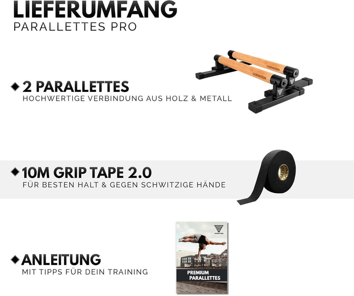 GORNATION Parallettes, inkl. Grip Tape, Calisthenics Equipment für Handstand & Push Ups, Liegestützg