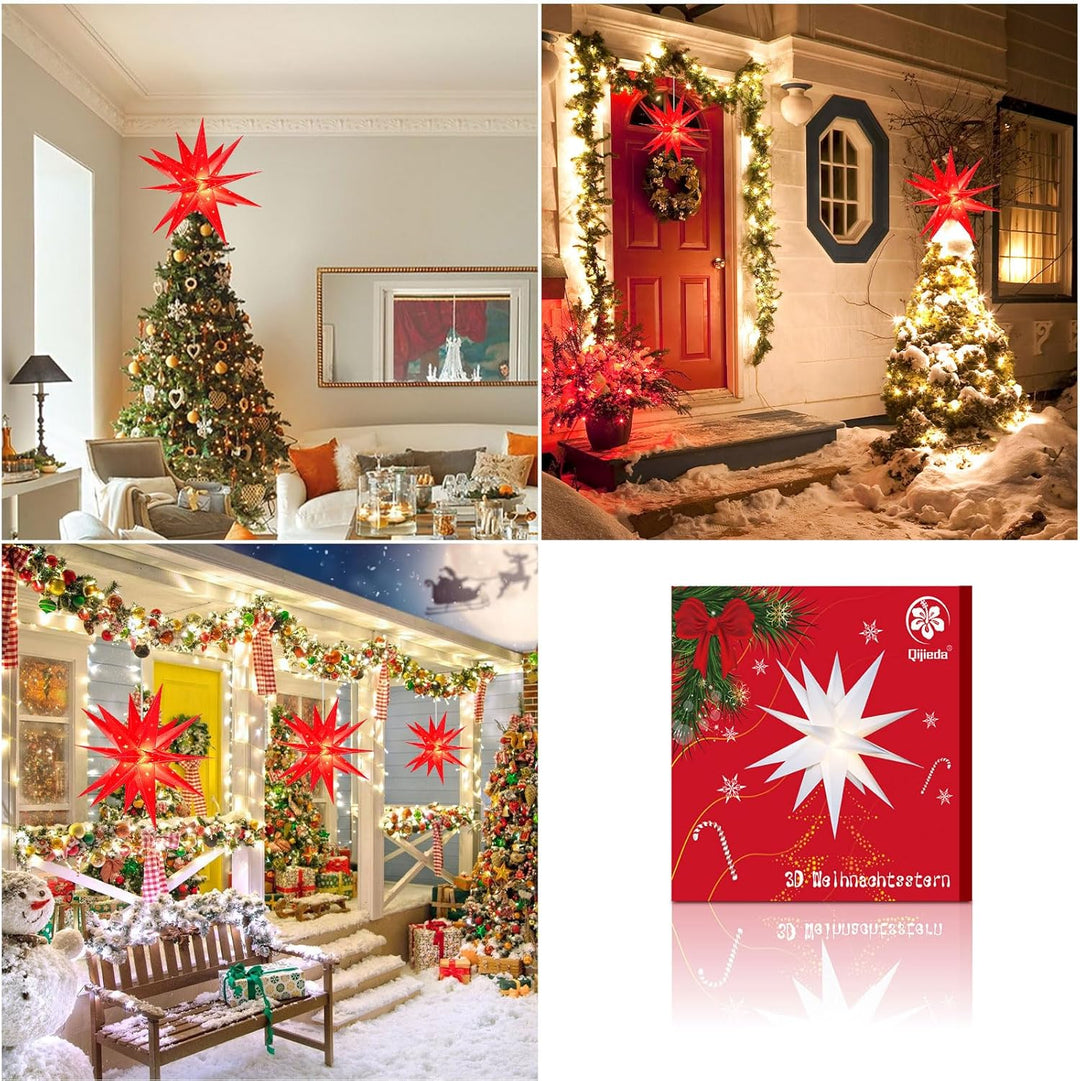 3D Weihnachtsstern Beleuchtet Fenster Batterie mit Timer - 45cm led Weihnachtsbaumspitze Stern, Leuc