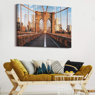 PICANOVA – Bild auf Leinwand New York Brooklyn Bridge 100x75cm – Leinwandbild – Premium Leinwanddruc