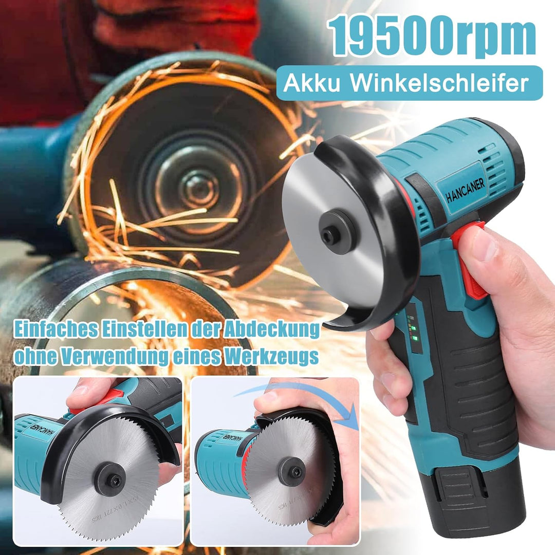 Hancaner Mini Akku Winkelschleifer mit Kunststoffbox 12 V 2×2.0Ah Akku Flex 19500rpm Winkelschleifer