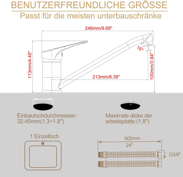 BELZ Küchenarmatur Wasserhahn, 360° Drehbare Einhebelmischer Mischbatterie, mit Keramikkartusche & 6