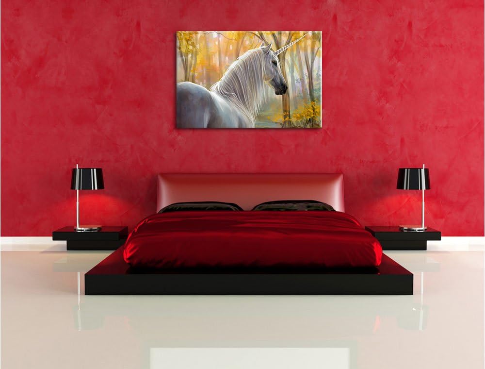 Einsames Einhorn im Wald, Format: 100x70 auf Leinwand, XXL riesige Bilder fertig gerahmt mit Keilrah