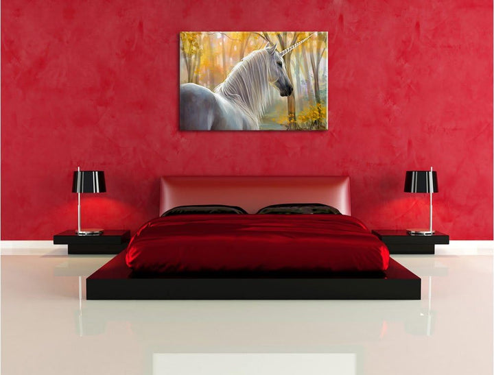 Einsames Einhorn im Wald, Format: 100x70 auf Leinwand, XXL riesige Bilder fertig gerahmt mit Keilrah