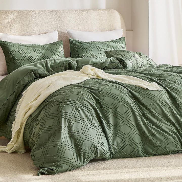 JELLYMONI Grünes Bettbezug-Set, Queen-Size-Grösse, Mikrofaser, getuftet, Boho-Struktur, Jacquard-Rau