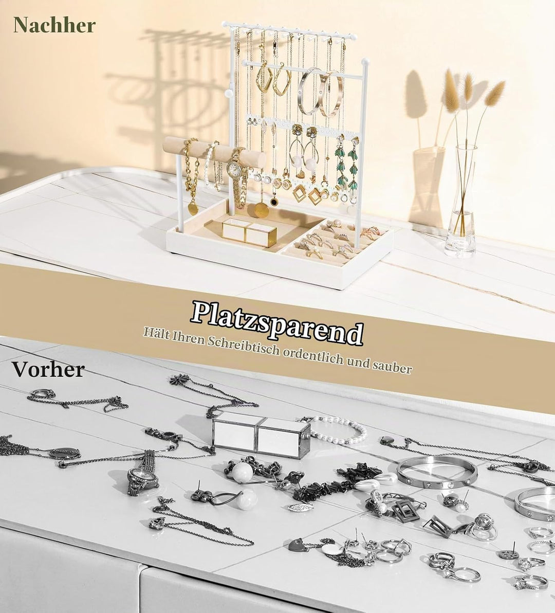 Emibele Schmuckhalter, 5-stufiger Organizer mit Samtringtablett, Weiss, Weiss