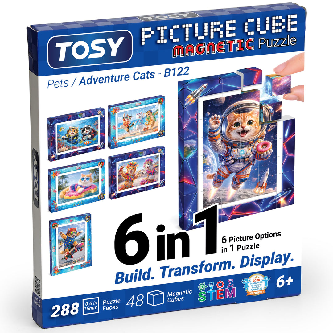 TOSY Picture Cube Adventure Cats: 6-in-1 magnetisches Bilderpuzzle, 48 Blöcke, 288 Flächen/Magnete,