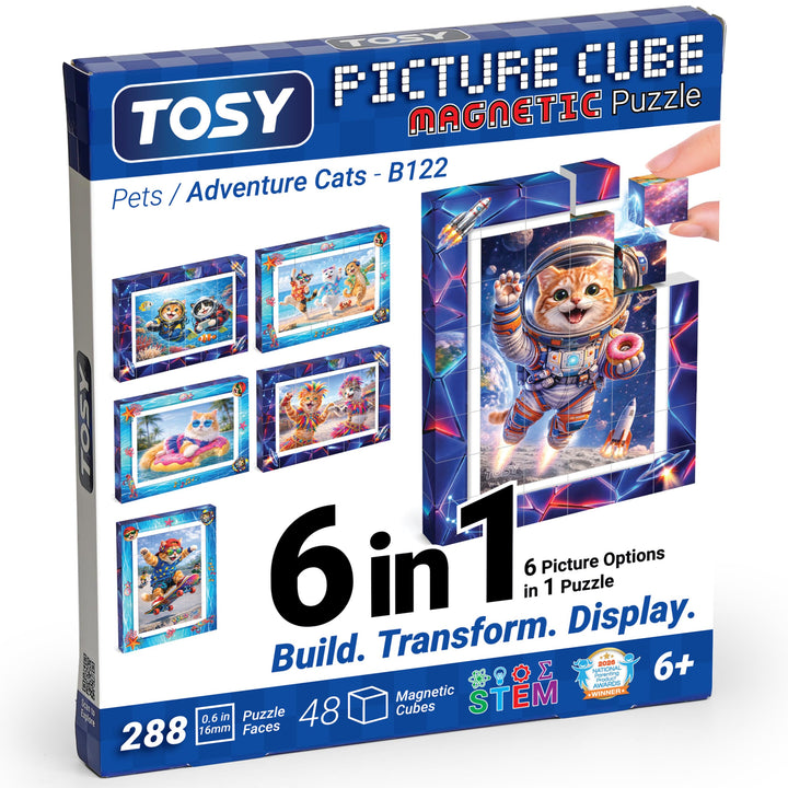 TOSY Picture Cube Adventure Cats: 6-in-1 magnetisches Bilderpuzzle, 48 Blöcke, 288 Flächen/Magnete,