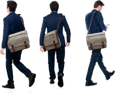 CALIYO Umhängetaschen Herren aus Canvas Schultasche Queformat A4 Laptoptasche für 15,6 Zoll Laptop A