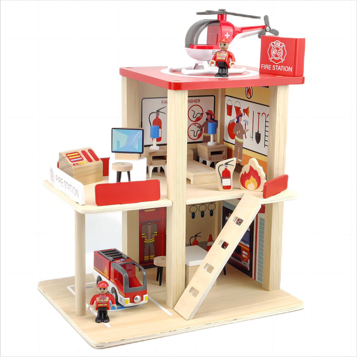Holz-Feuerwehr-Spielset, Puppenhaus mit Feuerwehrauto, Hubschrauber, Feuerwehrleuten und Zubehör, Vo