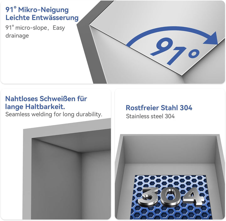 Wandnische Dusche Edelstahl 90 x 30 x 10 cm Grau, Duschnische Wandnische | Hochwertiger Edelstahl –